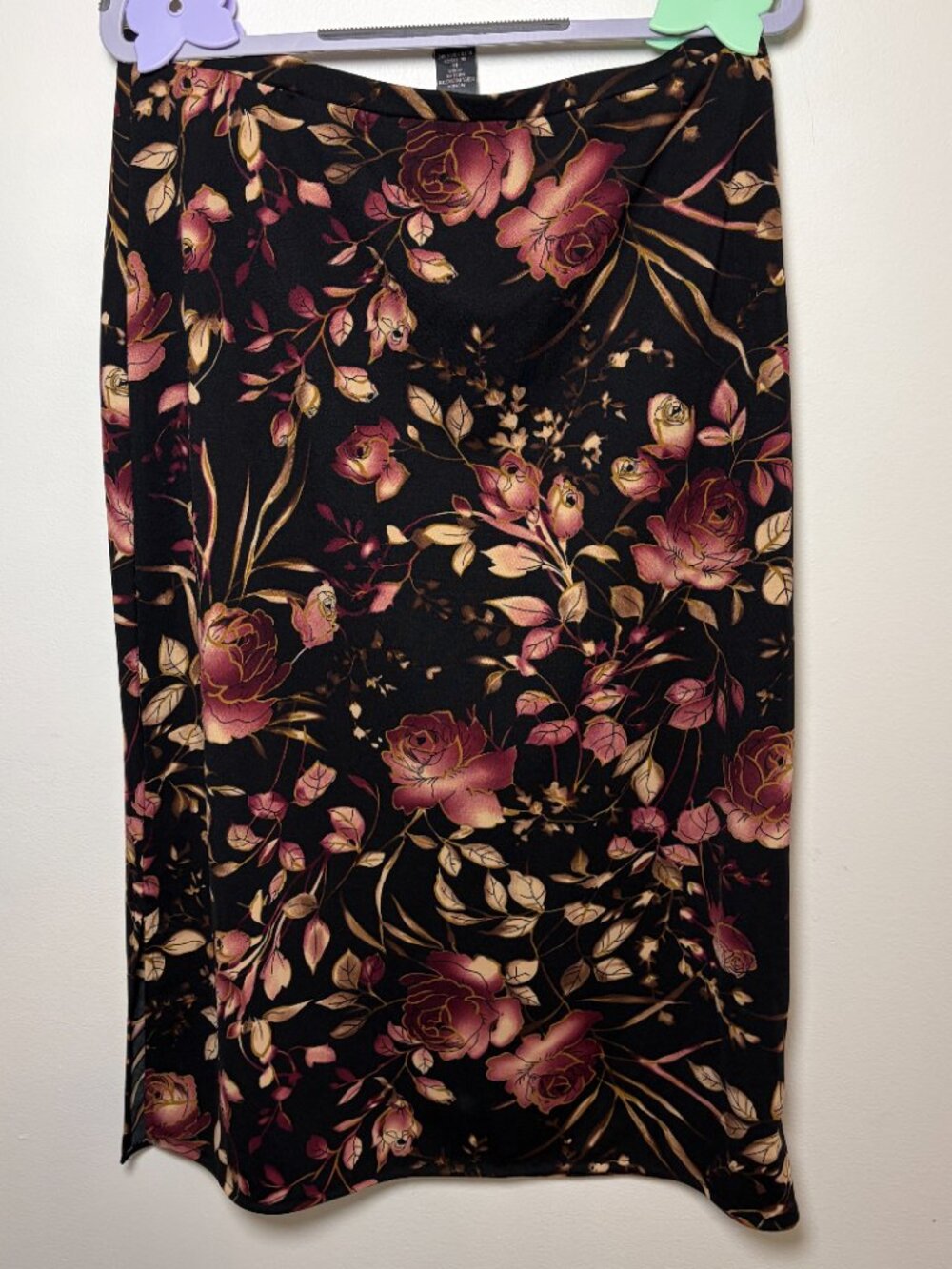 90s Vintage Black Rose Floral Midi Skirt Van Heusen Medium Dark Fairy Whimsygoth - Picture 9 of 10